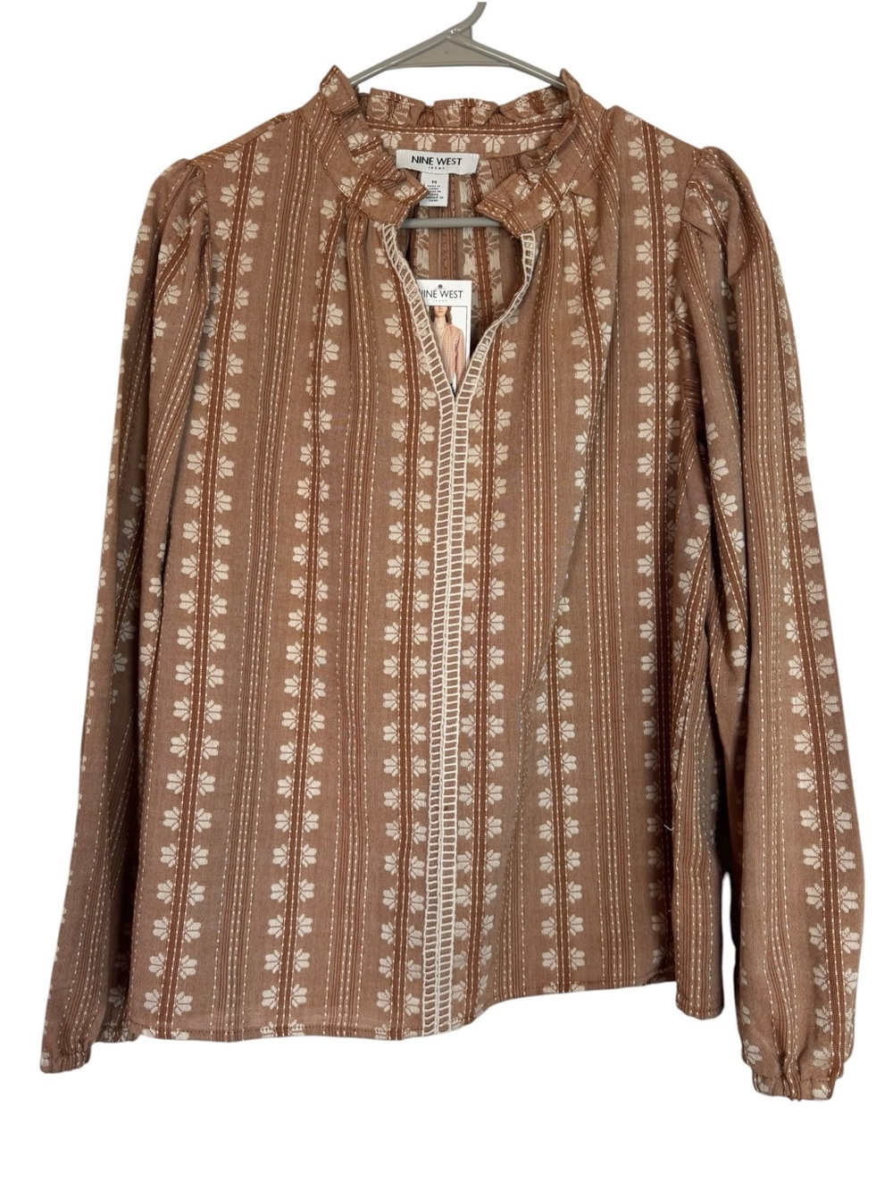 NWT Nine West Tan Floral-Stripe Ruffle Neck Peasant Blouse - Medium